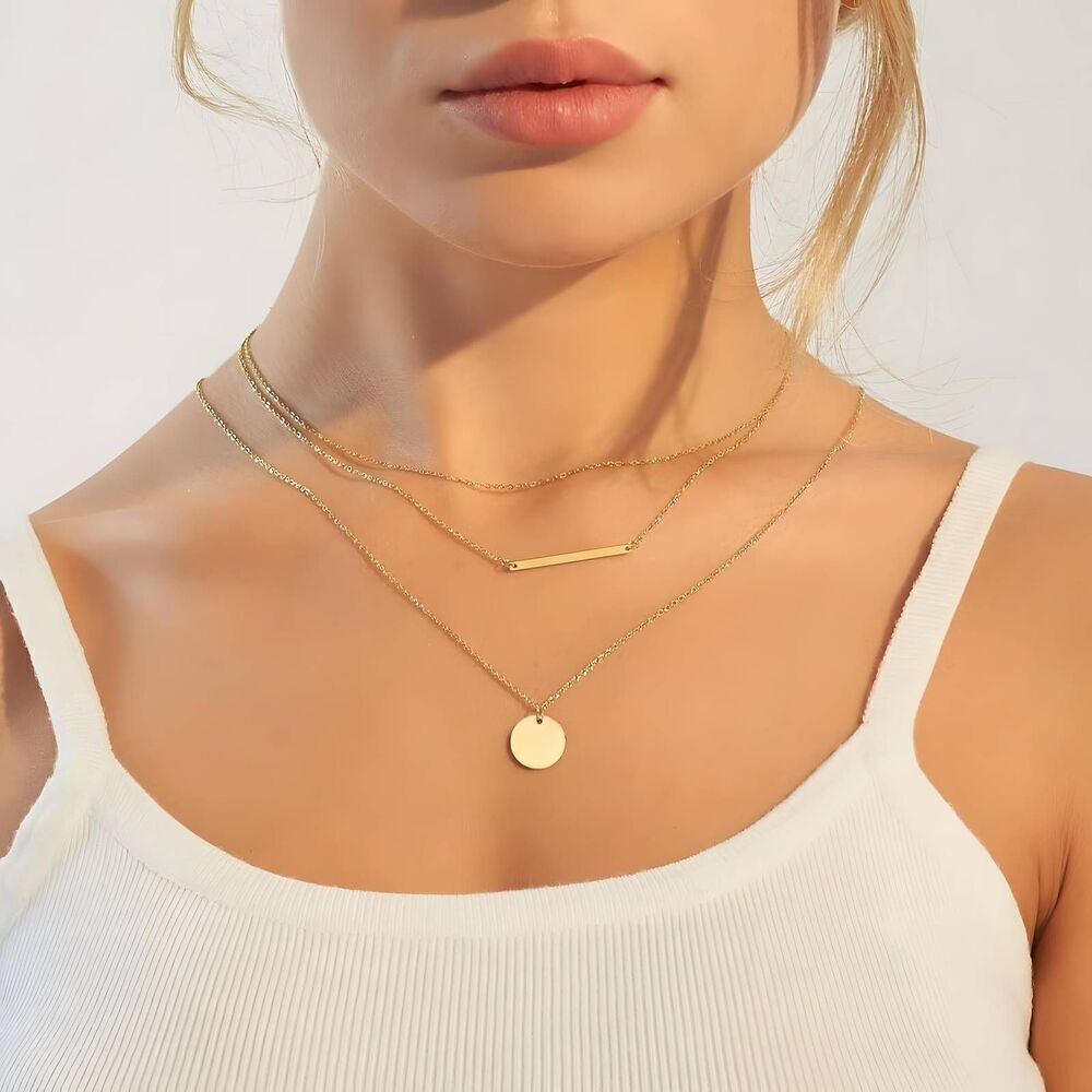 18K Gold Plated Women's 3 Layered Necklaces Waterproof Hypoallergenic Jewelry - Picture 3 of 12